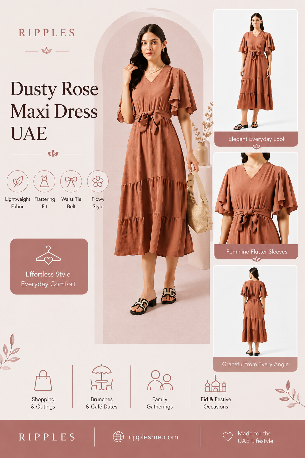  Dusty Rose Maxi Dress UAE — Tiered Flutter Sleeve Maxi Dress | Ripples