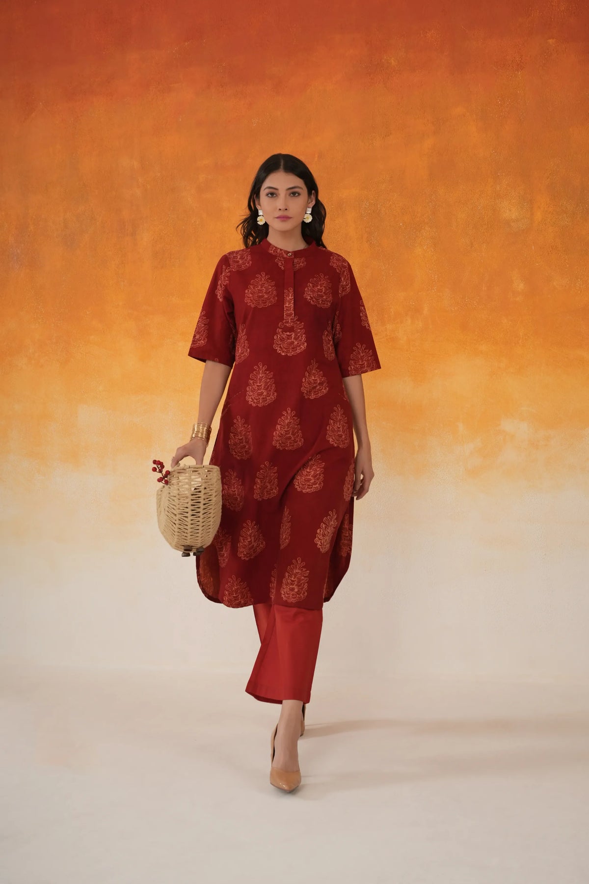  Red Cotton Kurta Set for Women – Elegant Ethnic Wear by World of Toji