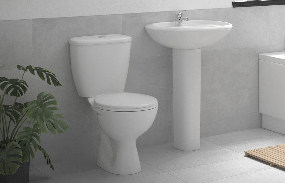  2Go 4-Piece Contemporary Ceramic Bathroom Suite with 1 Tap Hole Basin, Full Pedestal, Rimless Close Coupled WC & Soft Close Seat – White