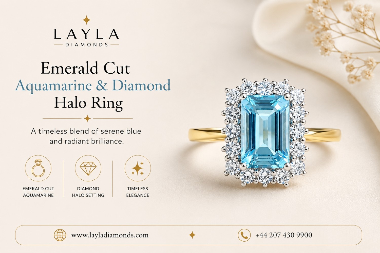  Beauty of Emerald Cut Aquamarine & Diamond Halo Ring | Layla Diamonds