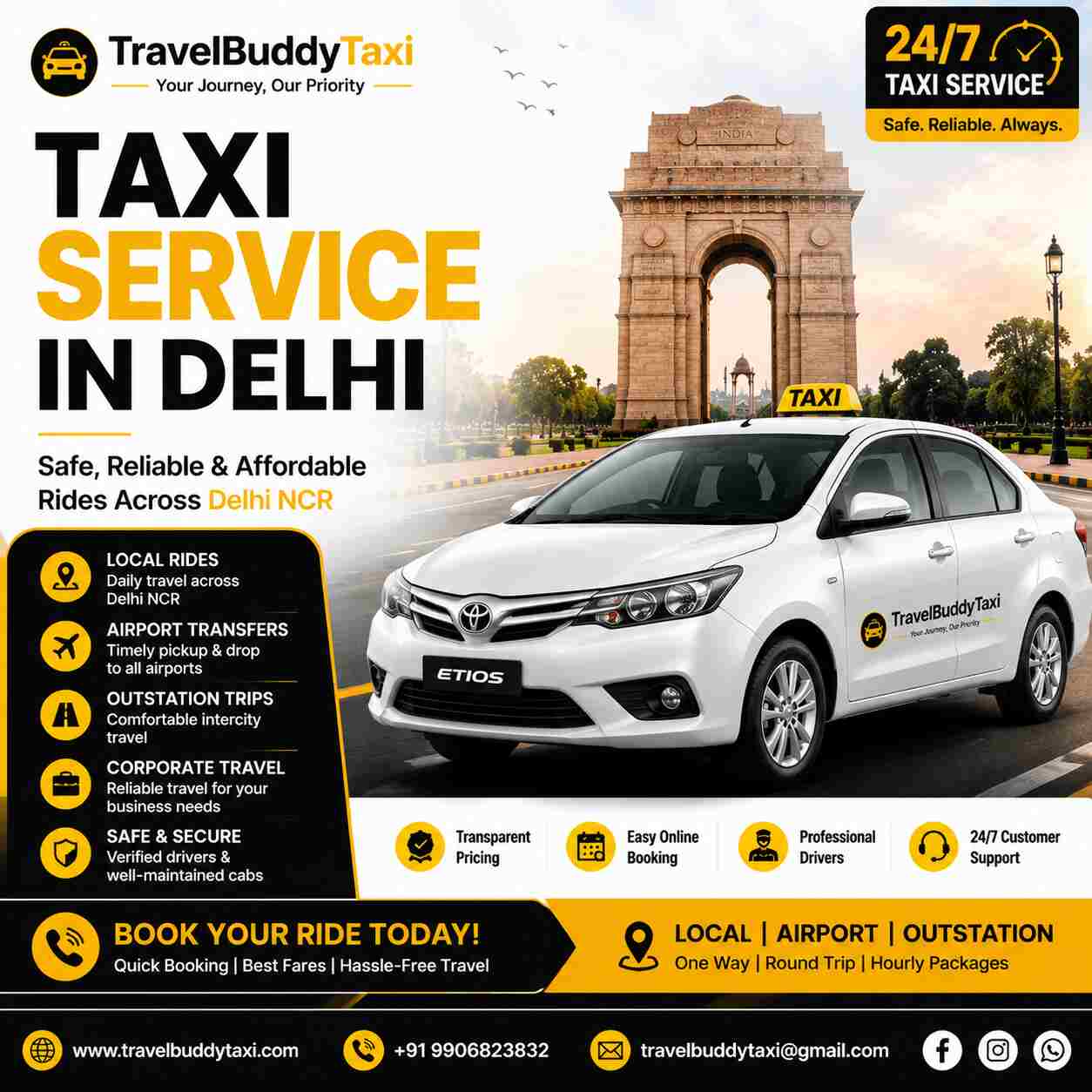  Taxi Service in Delhi | Safe, Affordable & 24/7 Cab Booking | TravelBuddyTaxi