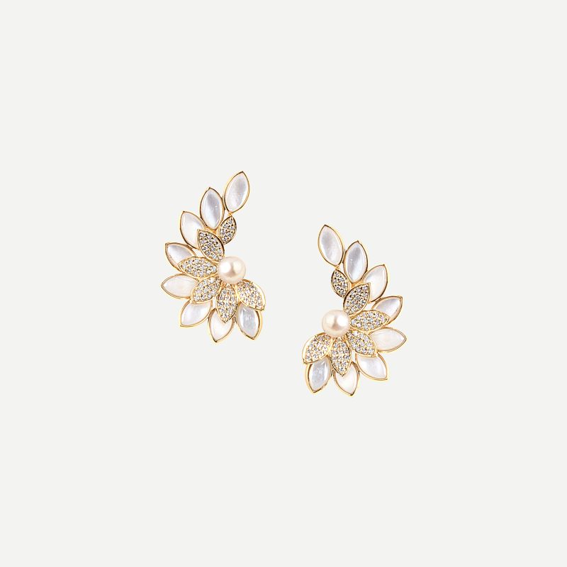  J Petals Shell Earrings With Natural Pearl And Diamonds- Ready to Purchase