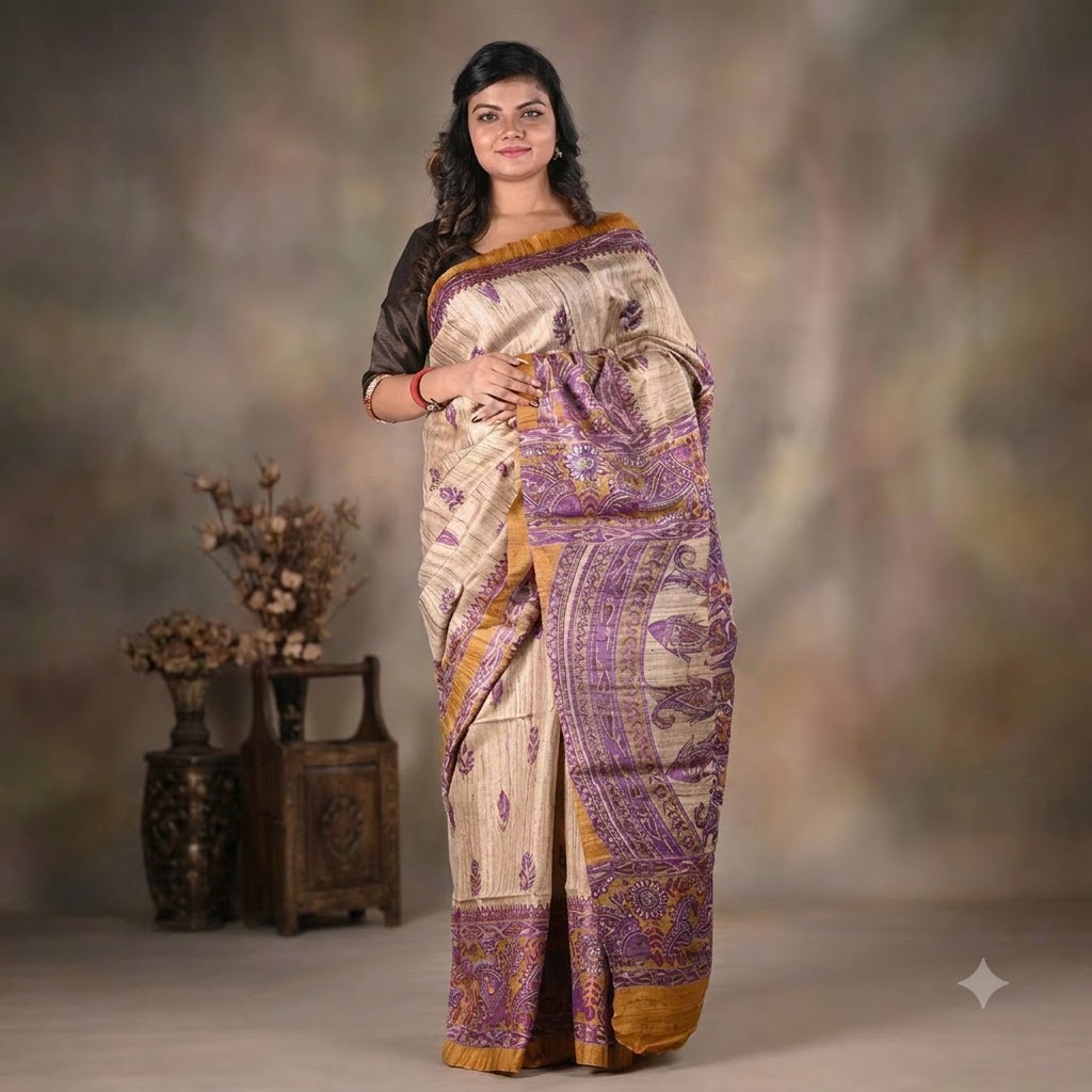  Buy Beige Color Pure Tussar Silk Saree for Women in Toronto, Canada