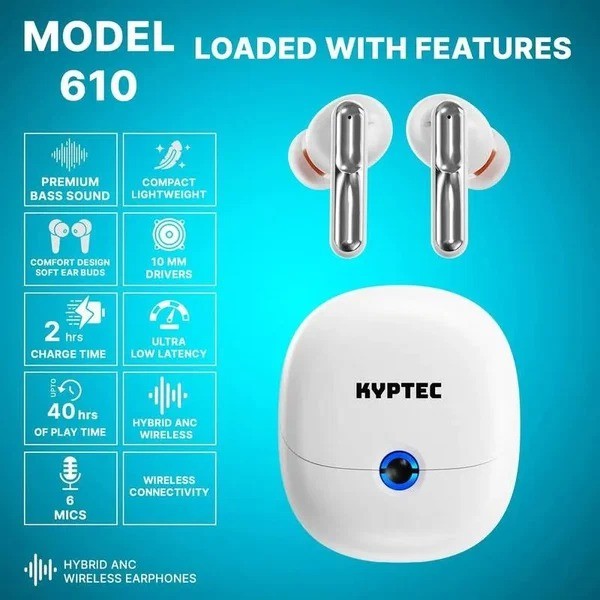  KyptecLifeStyle® 610 Hybrid ANC Wireless Earbuds with 6 Mics and 40H Playtime