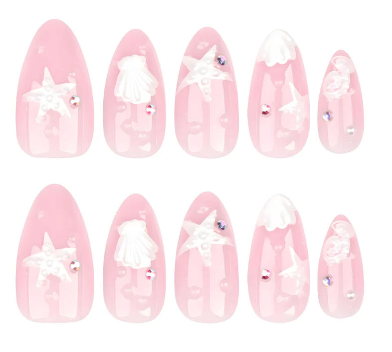  Aqua Goddess Press-On Nails | 3D Seashell & Starfish Nail Set