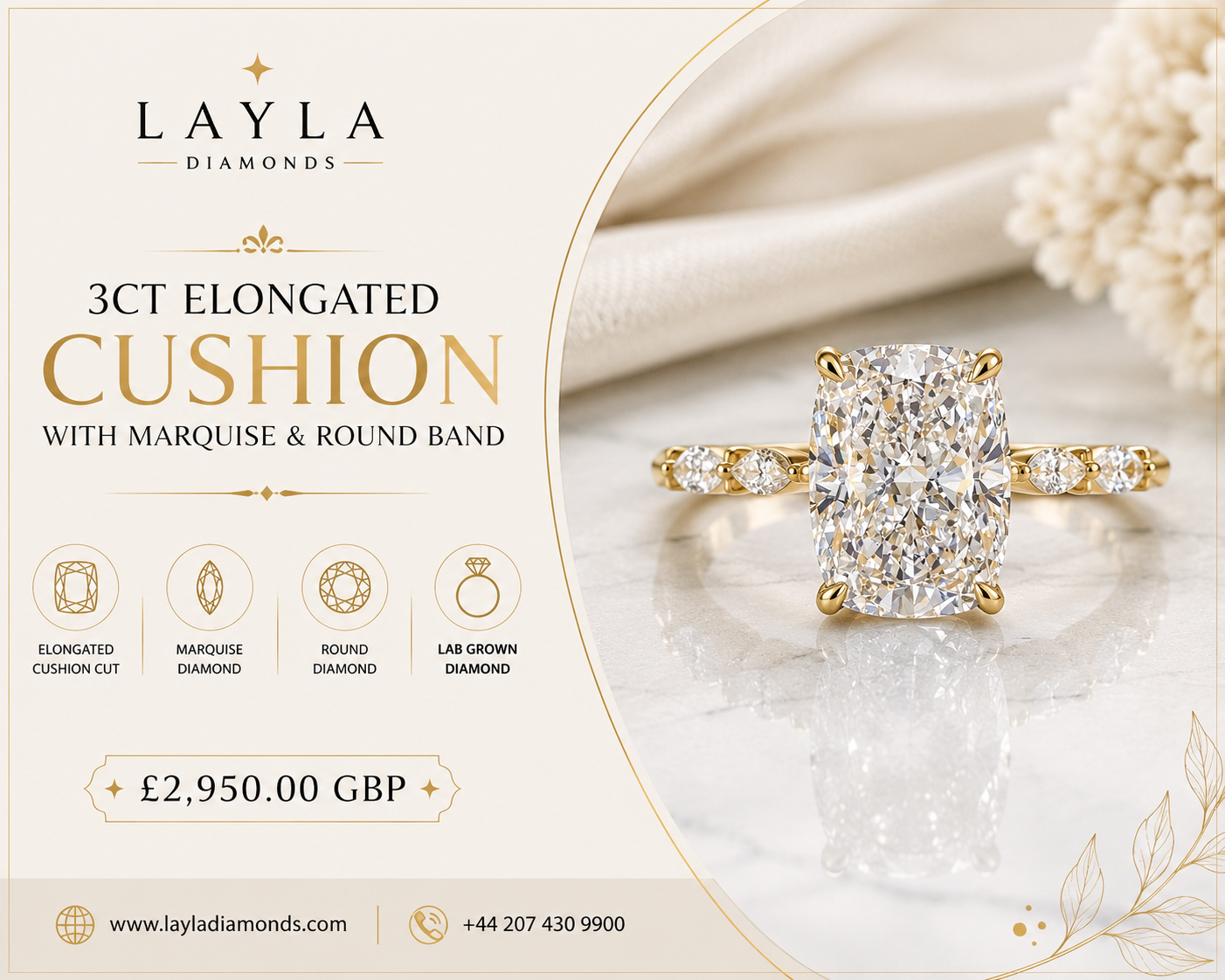  3ct Elongated Cushion with Marquise & Round Band | Layla Diamonds