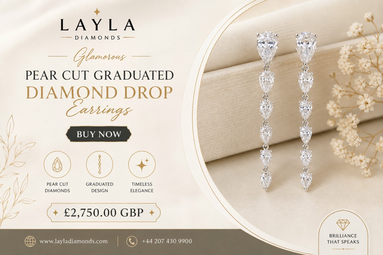  Glamorous Pear Cut Graduated Diamond Drop Earrings | Layla Diamonds