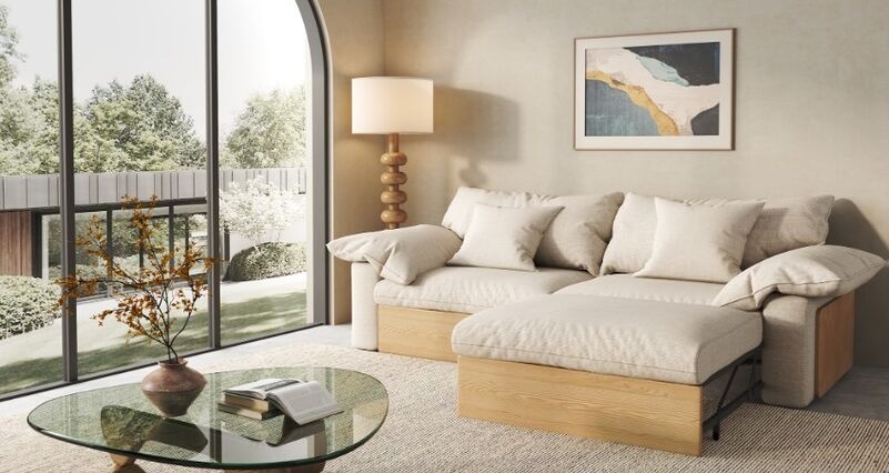  Japandi Modern Sectional Sofa with Adjustable Chaise & Pull-Out Footrests