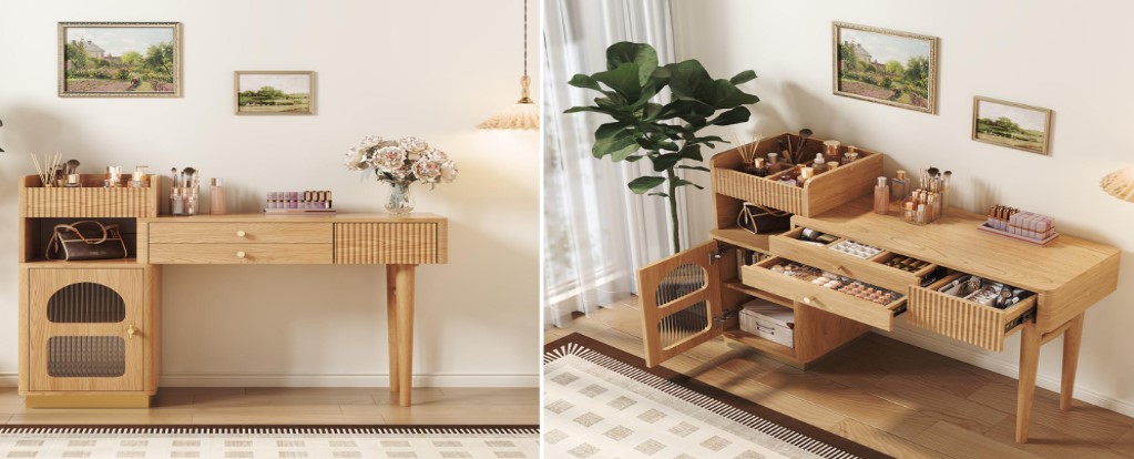  Modern Makeup Vanity Desk with Drawers, Cabinet & Open Storage Shelves