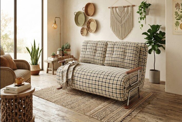  4-in-1 Convertible Sleeper Sofa Chair with Tartan Fabric for Small Spaces