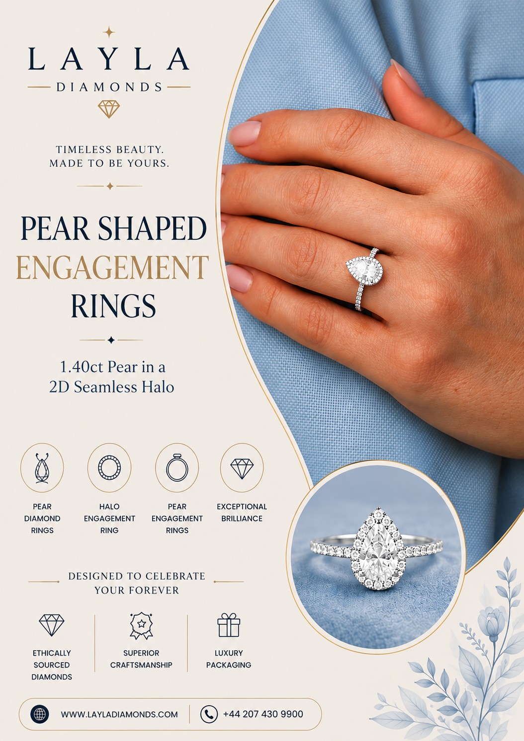  1.40ct Seamless Halo Pear Shaped Engagement Rings | Layla Diamonds