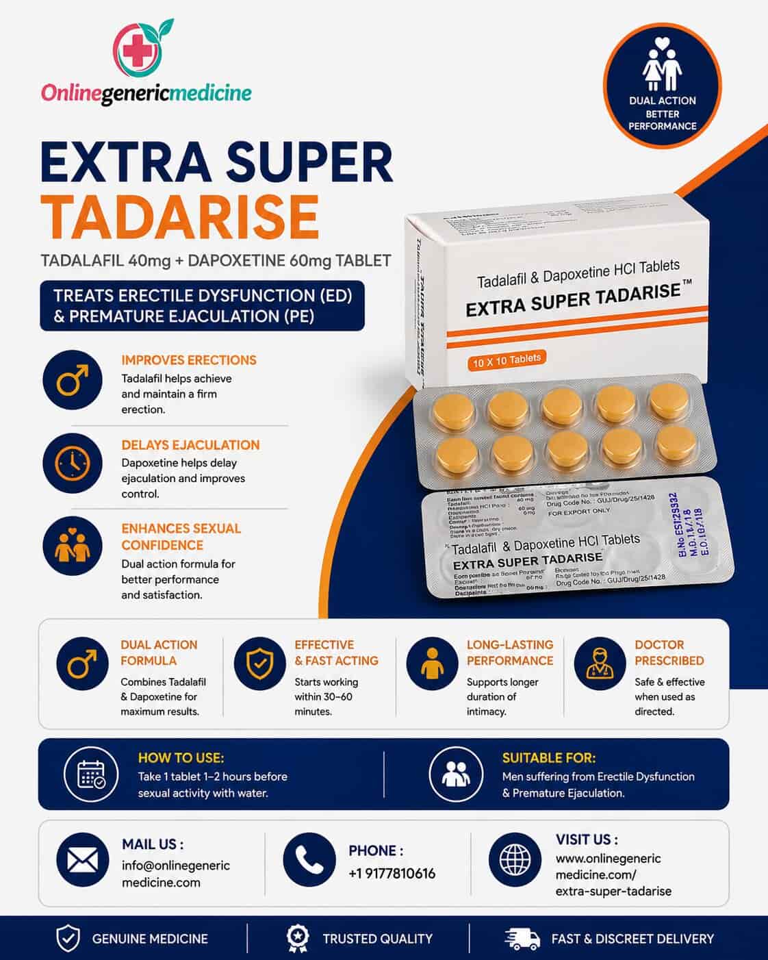  Extra Super Tadarise Tablet (Tadalafil 40mg + Dapoxetine 60mg) | Used for ED & PE | Online Generic Medicine