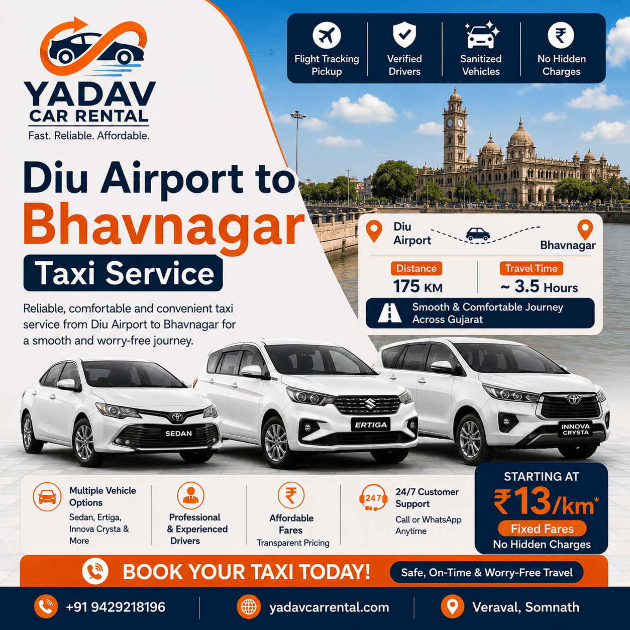  Affordable Diu Airport to Bhavnagar Taxi Service | Yadav Car Rental