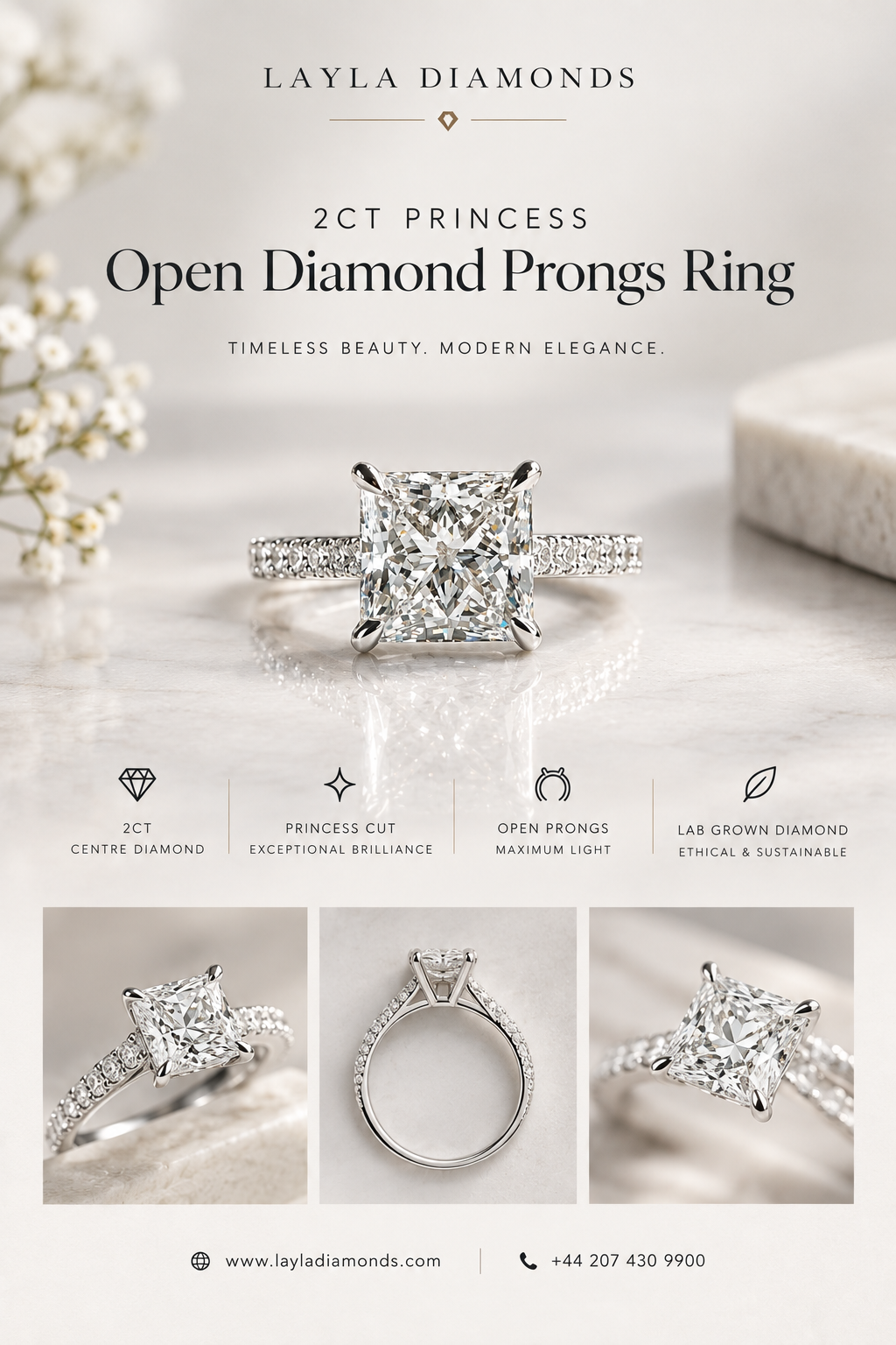  Elegant 2ct Princess Open Diamond Prongs Ring | Layla Diamonds