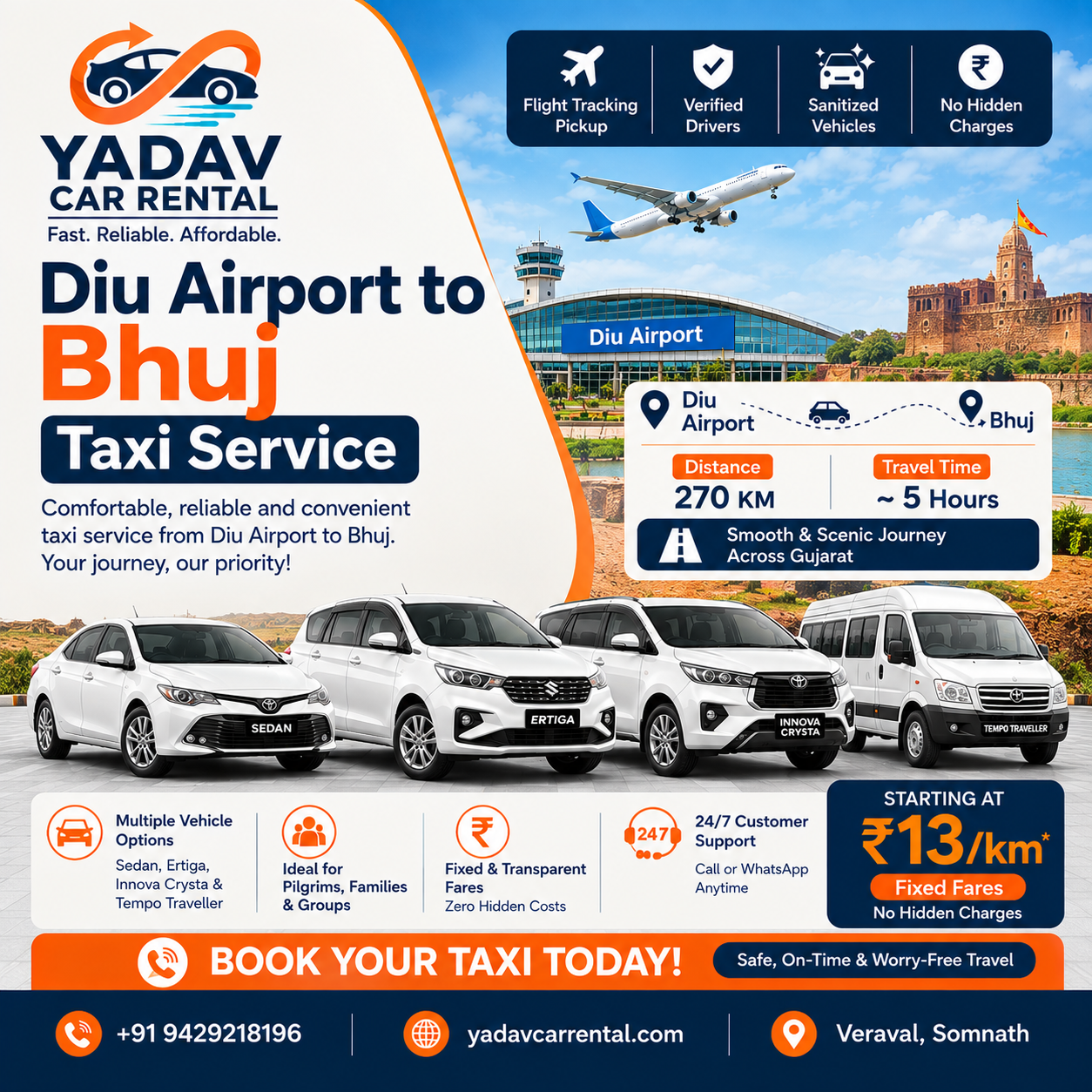  Diu Airport to Bhuj Cab Service | Yadav Car Rental