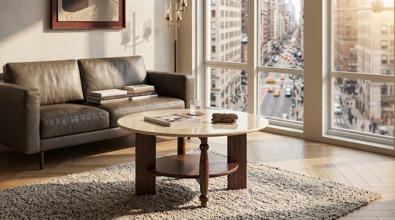  Round Faux Marble Coffee Table with 2-Tier Storage & Solid Wood Base | Mid-Century Modern