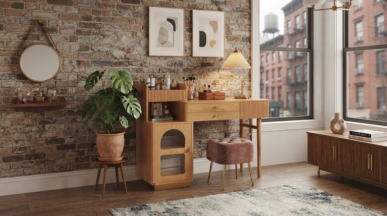  Modern Makeup Vanity Desk with Open Shelves, Drawers & Cabinet | Versatile Dressing Table