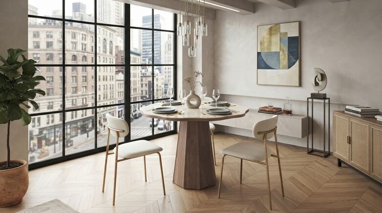  Modern Round Dining Table with Scalloped Edge, Sintered Stone Top & Pedestal Base