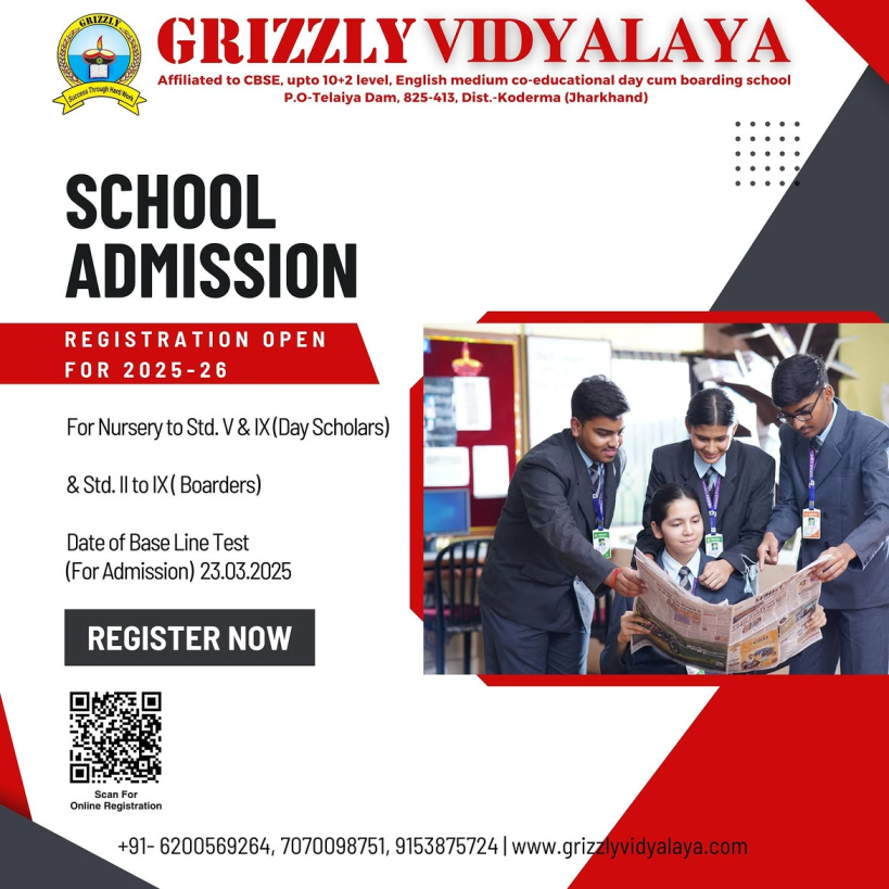  School Admission 2025–26 at Grizzly Vidyalaya, Koderma | CBSE Day Cum Boarding School