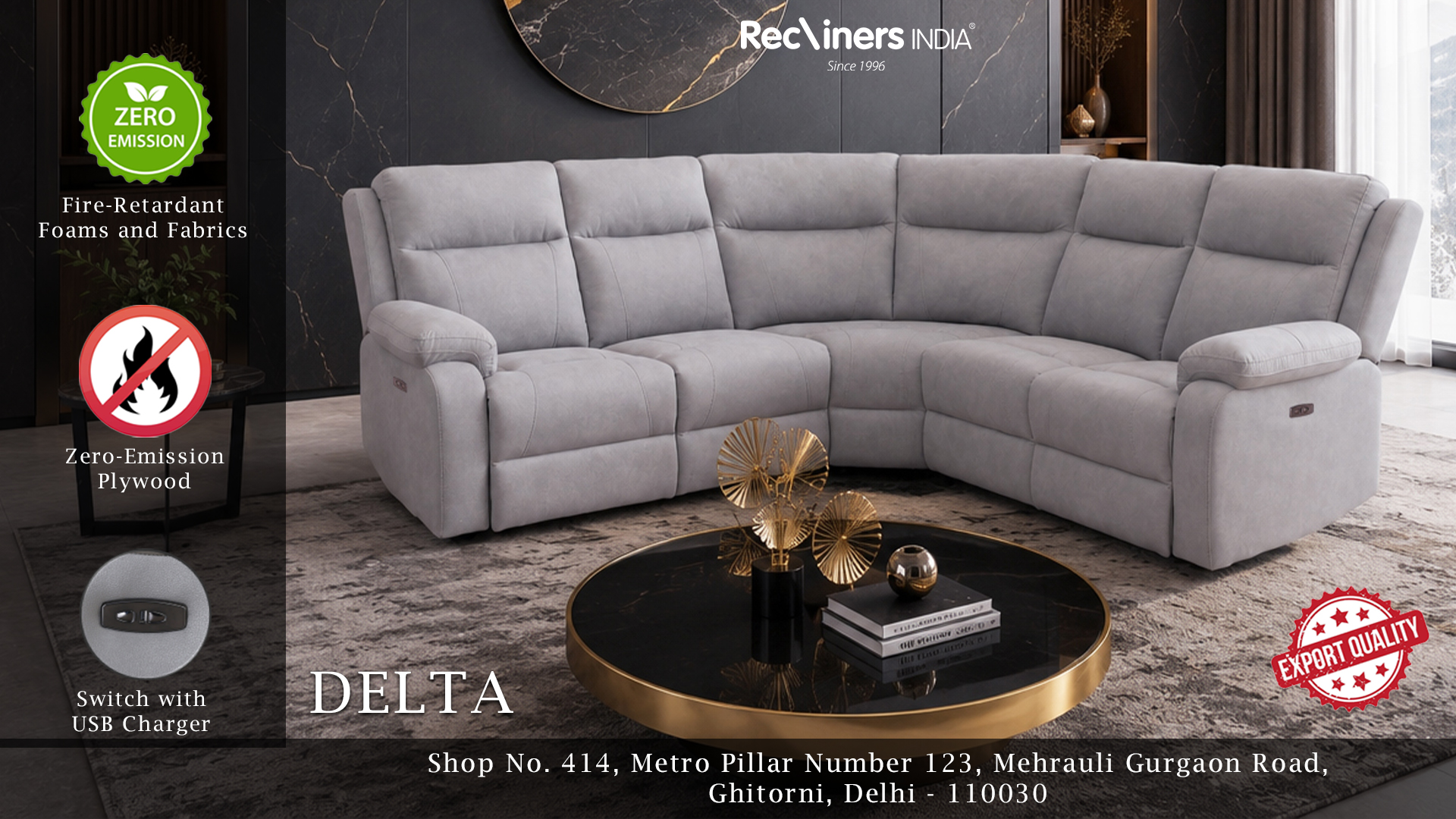  Festive Sale – Premium Curve Motorized Recliner Delta | Fire Retardant L-Shaped Living Room Sofa | Recliners India Ghitorni Delhi
