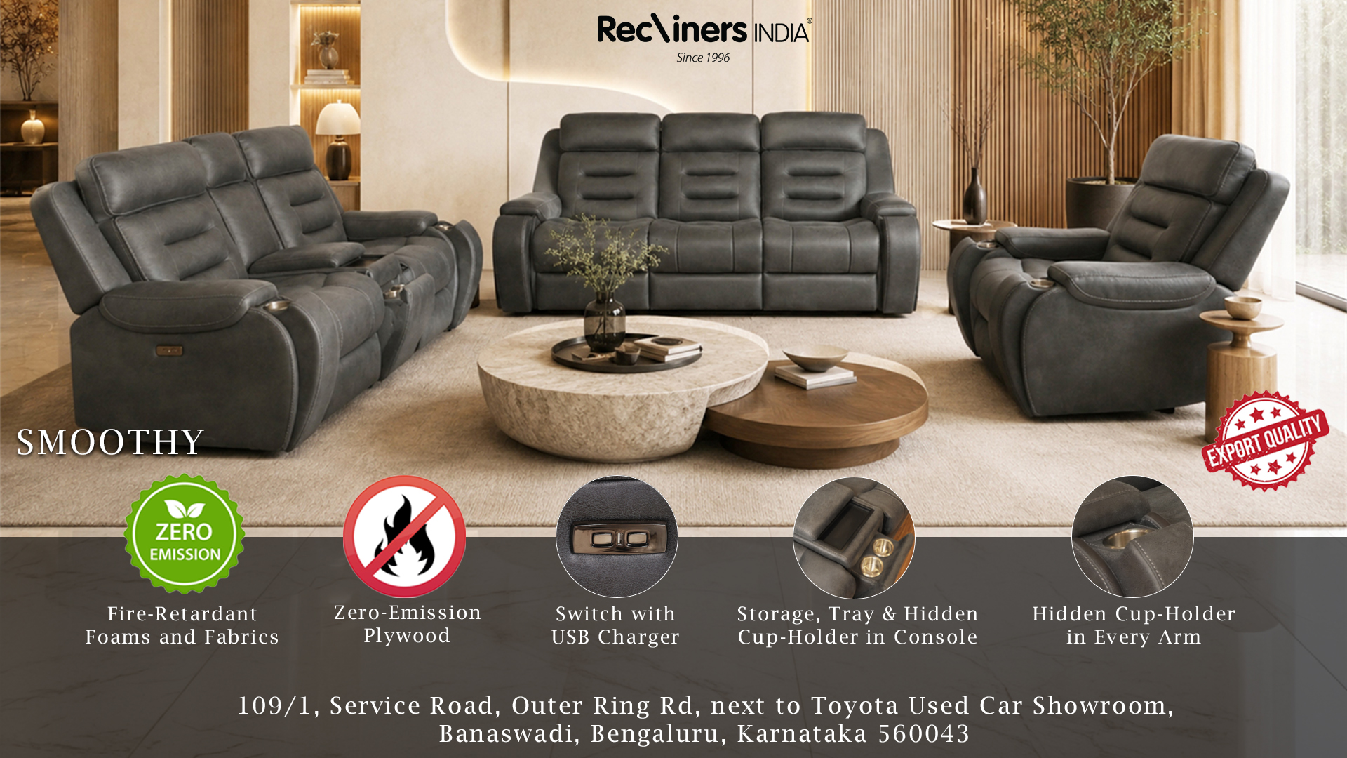  Festive Sale – Smoothy Fire Retardant Living Room Recliner Sofa Set | Recliners India Banaswadi Bangalore