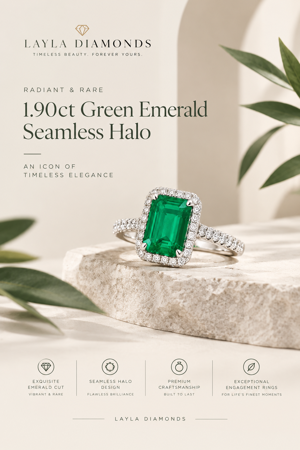  Layla Diamonds | 1.90ct Green Emerald Seamless Halo Engagement Ring