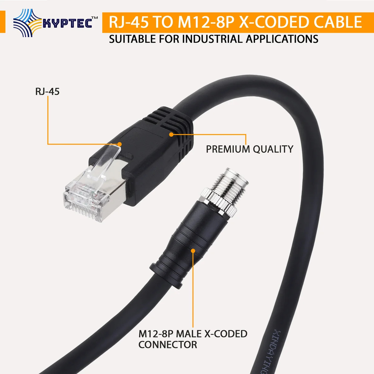  RJ-45 to M12 8-Pin X-Coded Industrial Camera Cable, CAT 6 – Kyptec Automation®