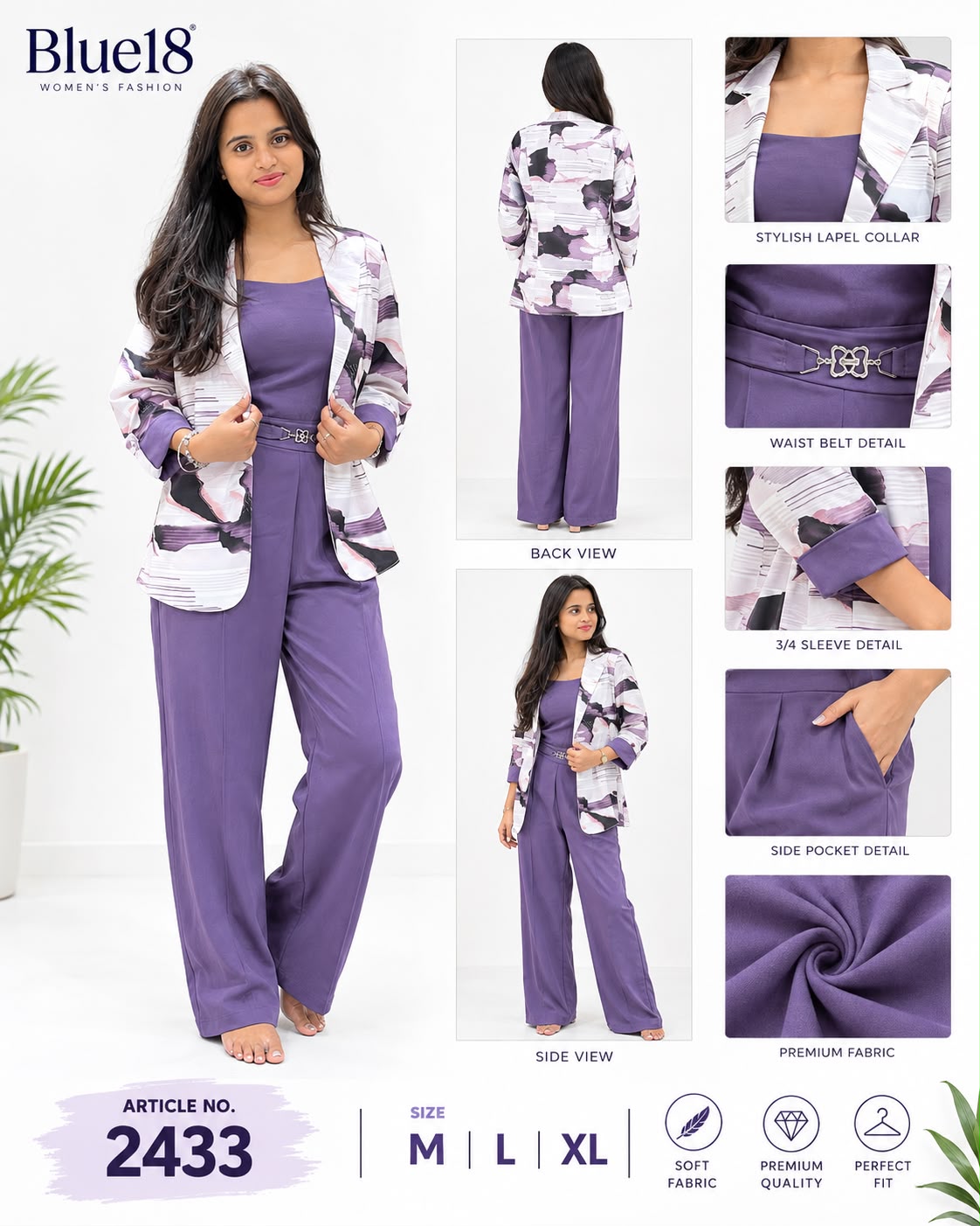 BLUE18 Women’s Designer 3-Piece Blazer Co-Ord Set – Lavender/Purple (Art: 2433)