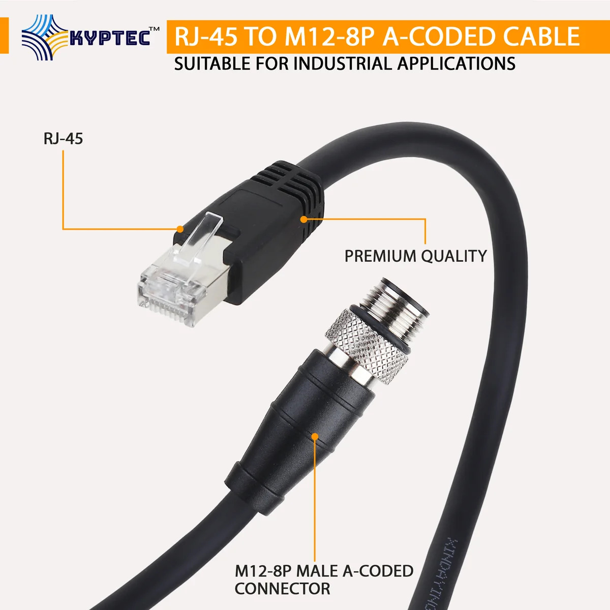  RJ-45 to M12 8-Pin A-Coded Industrial Camera Cable, CAT 6 – Kyptec Automation®