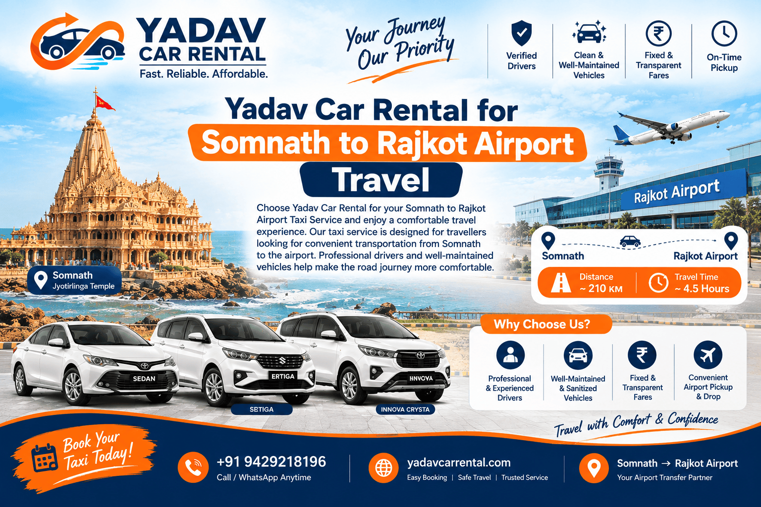  Book Your Somnath to Rajkot Airport Taxi with Yadav Car Rental