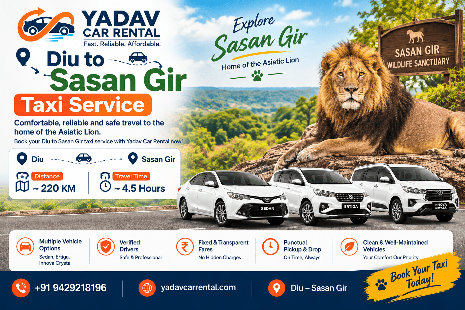  Diu to Sasan Gir One-Way Taxi | Yadav Car Rental