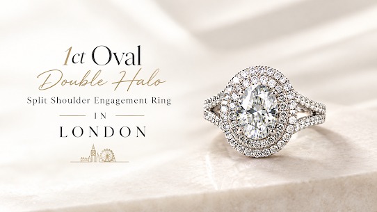  Luxury 1ct Oval Double Halo Split Shoulder Engagement Ring