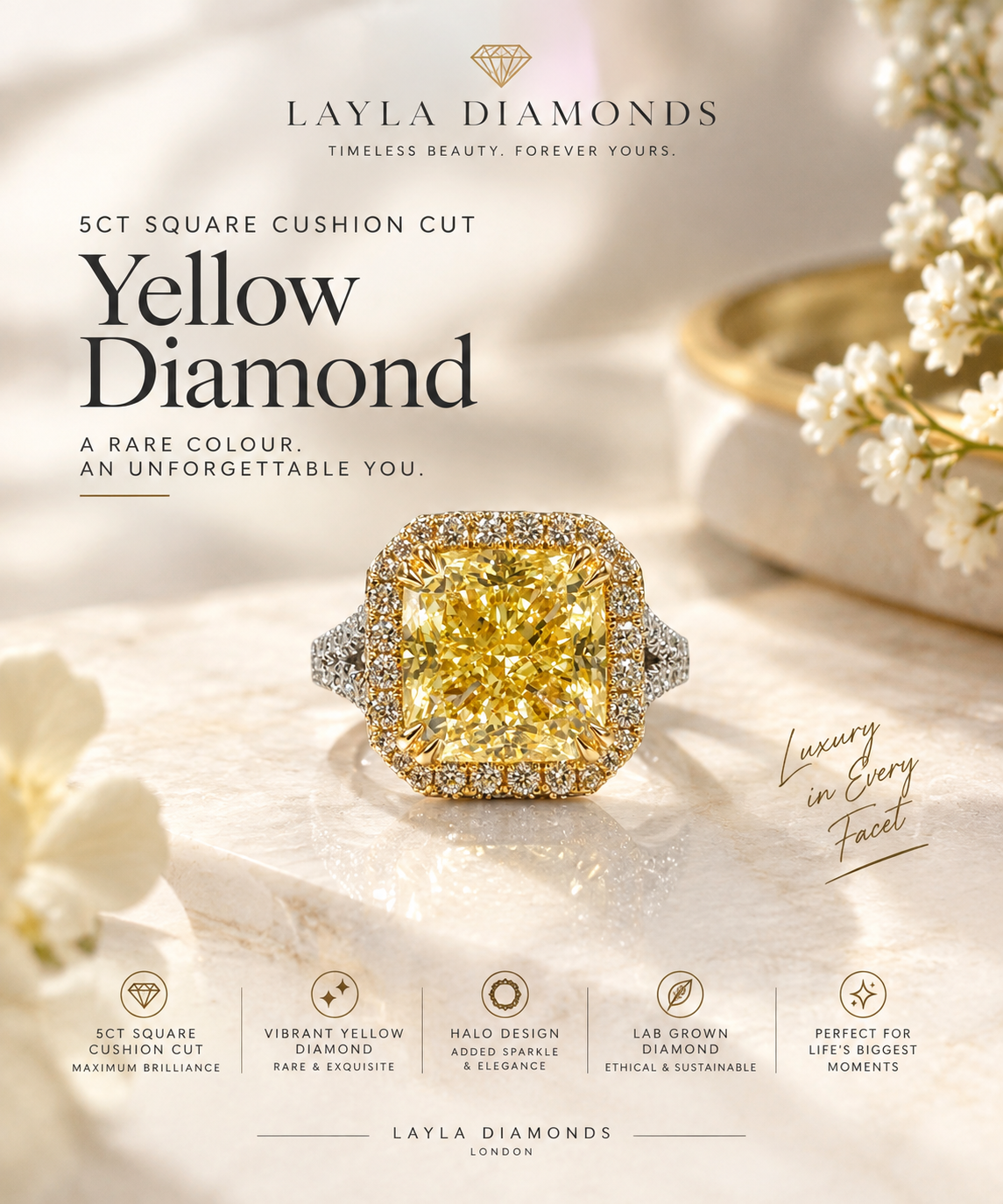  5ct Square Cushion Cut Yellow Diamond Ring | Layla Diamonds