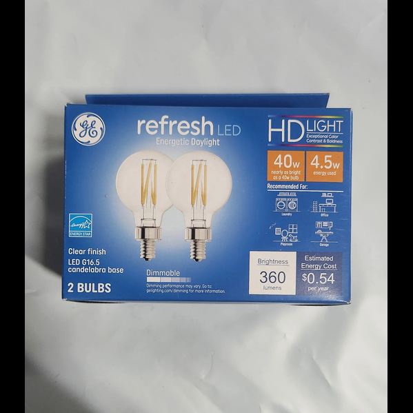  GE Refresh LED 40W G16.5 Chandelier Bulb 5000K 2-Pack