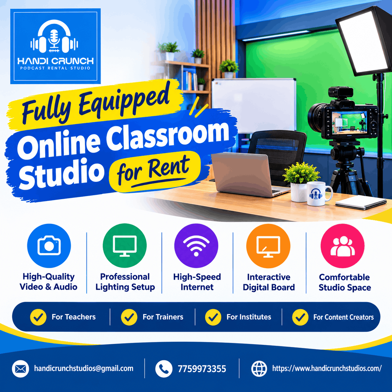  Fully Equipped Online Classroom Studio for Rent - HandiCrunch Studio