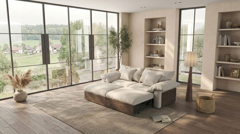  Oversized Japandi Sectional Couch with Pull-Out Footrests & Reversible Adjustable Chaise