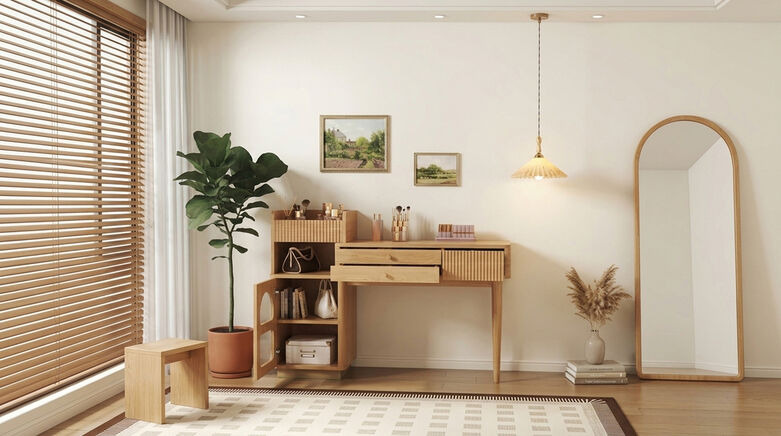  Modern Dressing Table Vanity Desk with Storage Cabinet, Drawers & Open Shelving