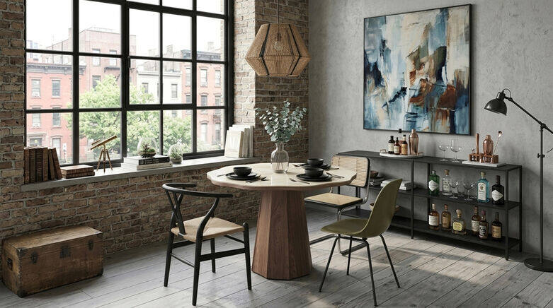  Scalloped Sintered Stone Round Dining Table with Architectural Walnut Pedestal Base