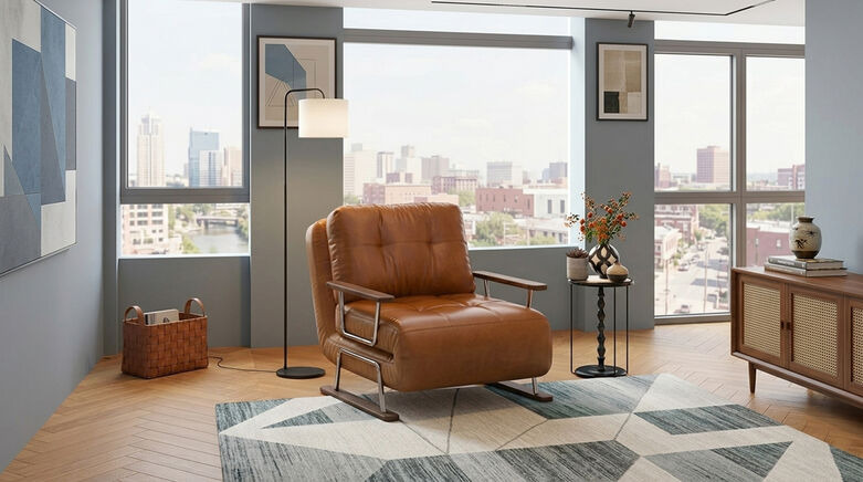  Caramel Faux Leather 4-in-1 Convertible Chair Bed, Space-Saving Folding Sleeper Sofa