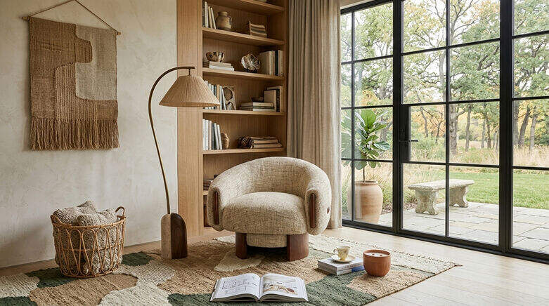  Modern Chenille Swivel Barrel Accent Chair with 180° Auto-Return Wood Base