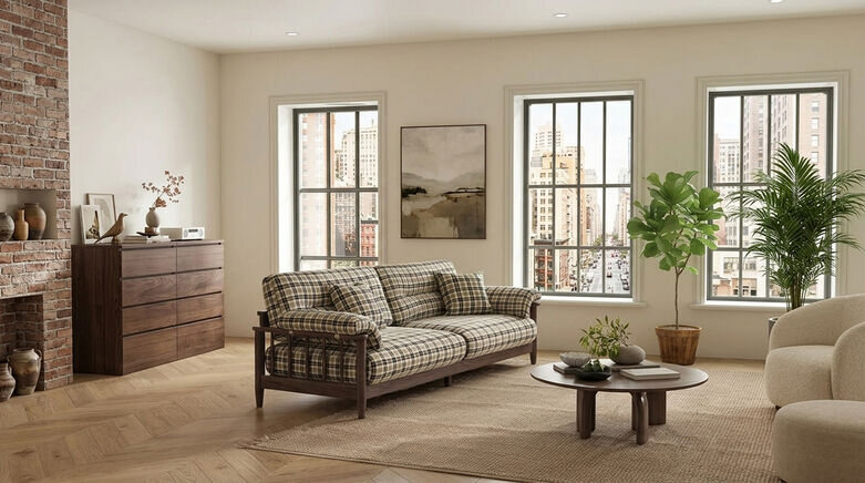  Traditional Tartan Plaid Sofa with Wool Blend Upholstery & Solid Wood Frame