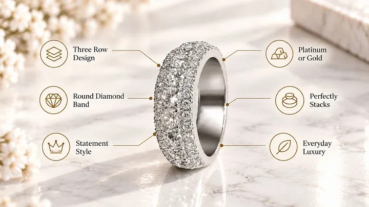  Elegant Diamond Wedding Bands: Timeless Three-Row Styles