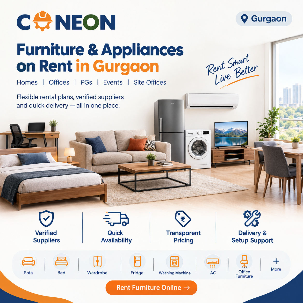  Urgent Furniture on Rent in Gurgaon | Quick Delivery